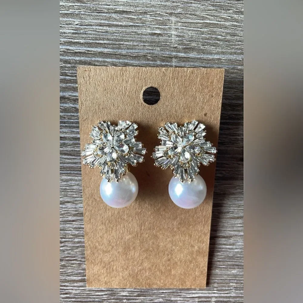 Anthropologie Silver Crystal Burst Pearl Drop Earrings - Picture 2 of 5